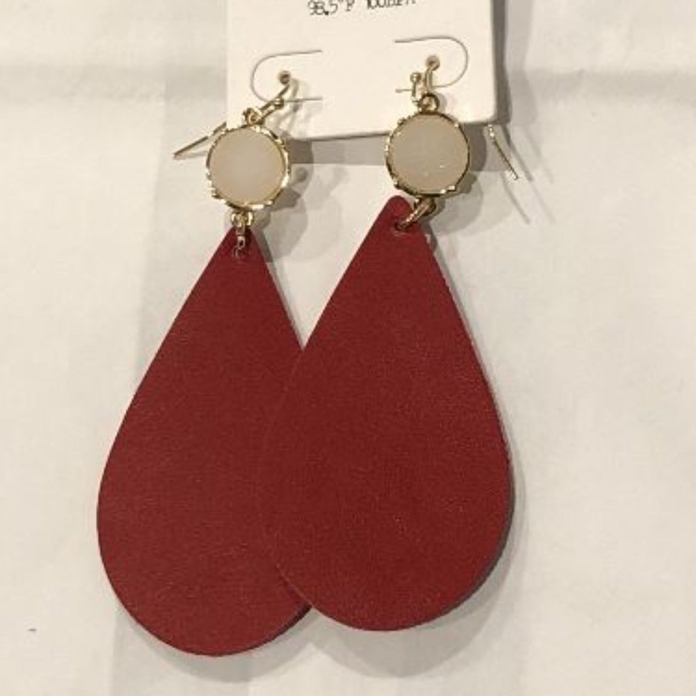 Red Leather Earrings with Cream Stone Detailing